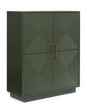 This accent cabinet makes a big impact with just one piece. Its intricately patterned doors impress with their dimension, while the dark green finish and sleek goldtone handles add a touch of modern elegance. Adjustable shelves add everyday functionality 