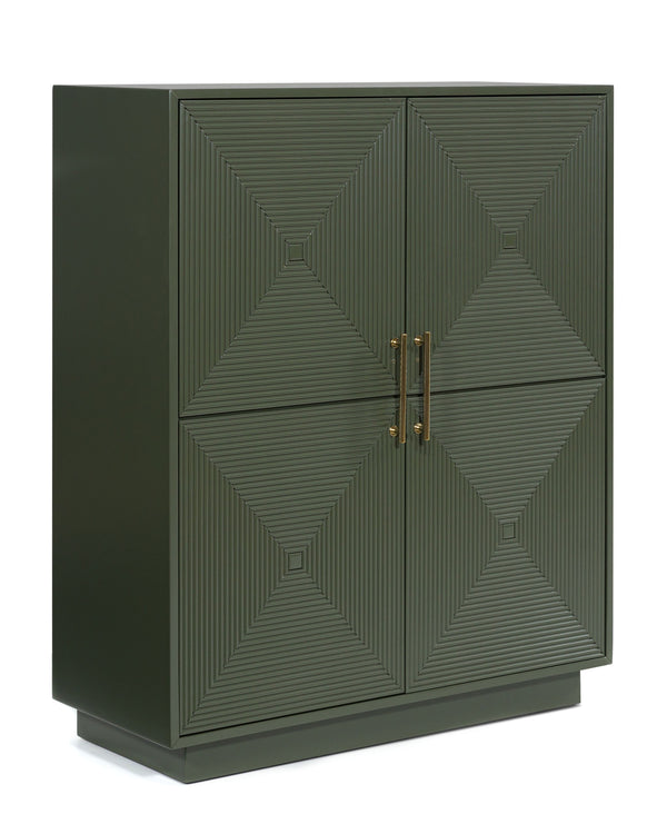 This accent cabinet makes a big impact with just one piece. Its intricately patterned doors impress with their dimension, while the dark green finish and sleek goldtone handles add a touch of modern elegance. Adjustable shelves add everyday functionality 