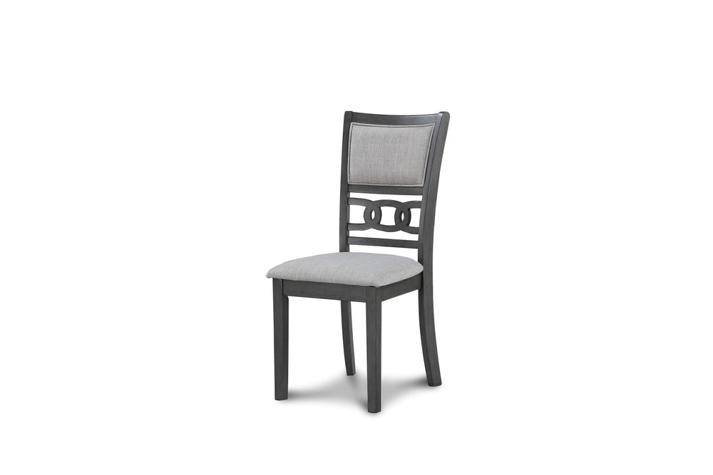 Enhance your dining space with this set of two New Classic Gia Wood Dining Chairs in a contemporary gray finish. Crafted from solid Rubberwood and Mindi veneers, these chairs offer a perfect blend of durability and aesthetic appeal. The gray finish, achie