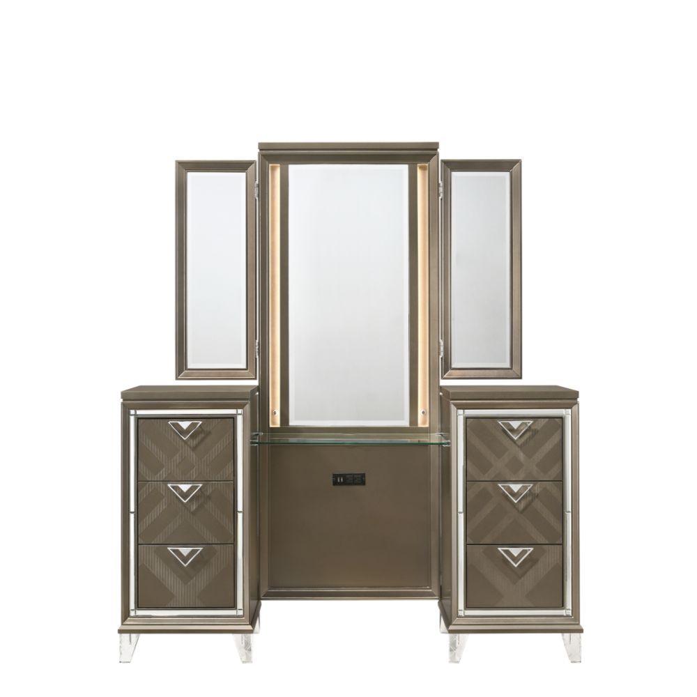 Vanity Set: Rectangular Vanity Table, Tri-Fold Mirror â€¢ Storage: 6 Drawers () â€¢ Vanity w/USB Power Dock, Glass Top, Tri-Fold Mirror w/LED Touch Light & Back Panel w/Hidden Jewelry Rack â€¢â€¢ CONSTRUCTION] Drawer: Embossed Fronts, GLIDE) Side Metal (2