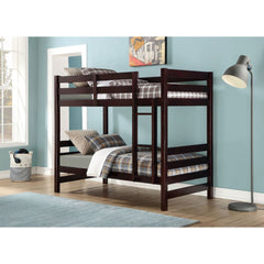 Give your children a space of their own with the Ronnie bunkbed. This unique twin over twin wooden bunk bed features full guardrails, a built-in rail ladder in a rich dark espresso or classic white finish. This artistically imagined bed is expertly design