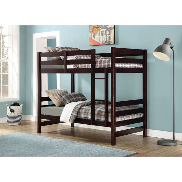 Give your children a space of their own with the Ronnie bunkbed. This unique twin over twin wooden bunk bed features full guardrails, a built-in rail ladder in a rich dark espresso or classic white finish. This artistically imagined bed is expertly design