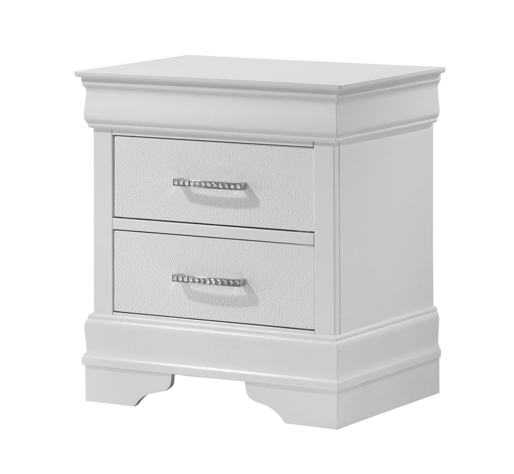 This bedroom set embodies a refined elegance with its crisp white hue and luxurious textures, perfect for creating a serene and sophisticated sanctuary. The centerpiece is a sumptuous bed framed by a headboard with diamond-tufted detailing, offering a tou