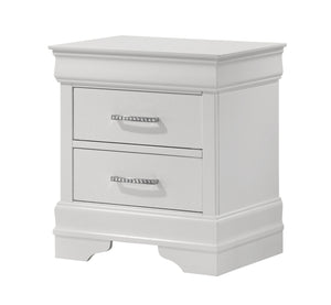 This bedroom set embodies a refined elegance with its crisp white hue and luxurious textures, perfect for creating a serene and sophisticated sanctuary. The centerpiece is a sumptuous bed framed by a headboard with diamond-tufted detailing, offering a tou