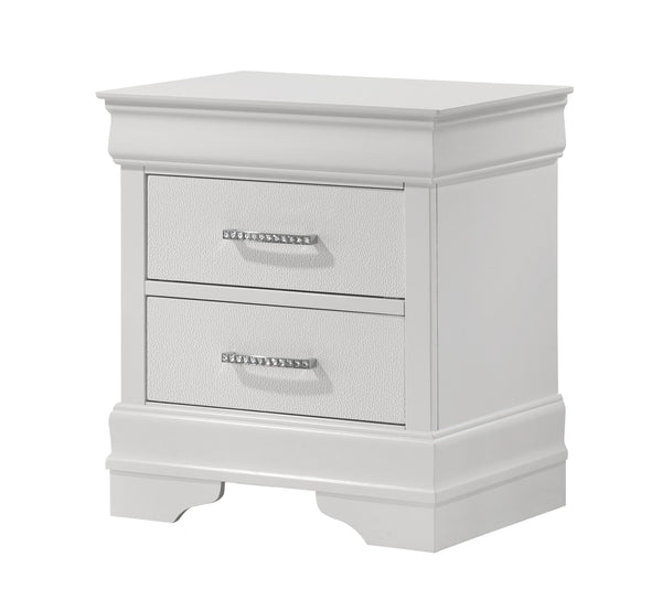 This bedroom set embodies a refined elegance with its crisp white hue and luxurious textures, perfect for creating a serene and sophisticated sanctuary. The centerpiece is a sumptuous bed framed by a headboard with diamond-tufted detailing, offering a tou