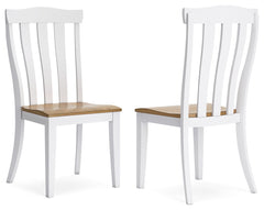 Casual style with substance. This dining side chair-'s two-tone finish of classic white and butcher block oak veneer adds a relaxed vibe to a delicious design. The curved shape of its bent slat-back frame offers a sense of modern farmhouse style, while th
