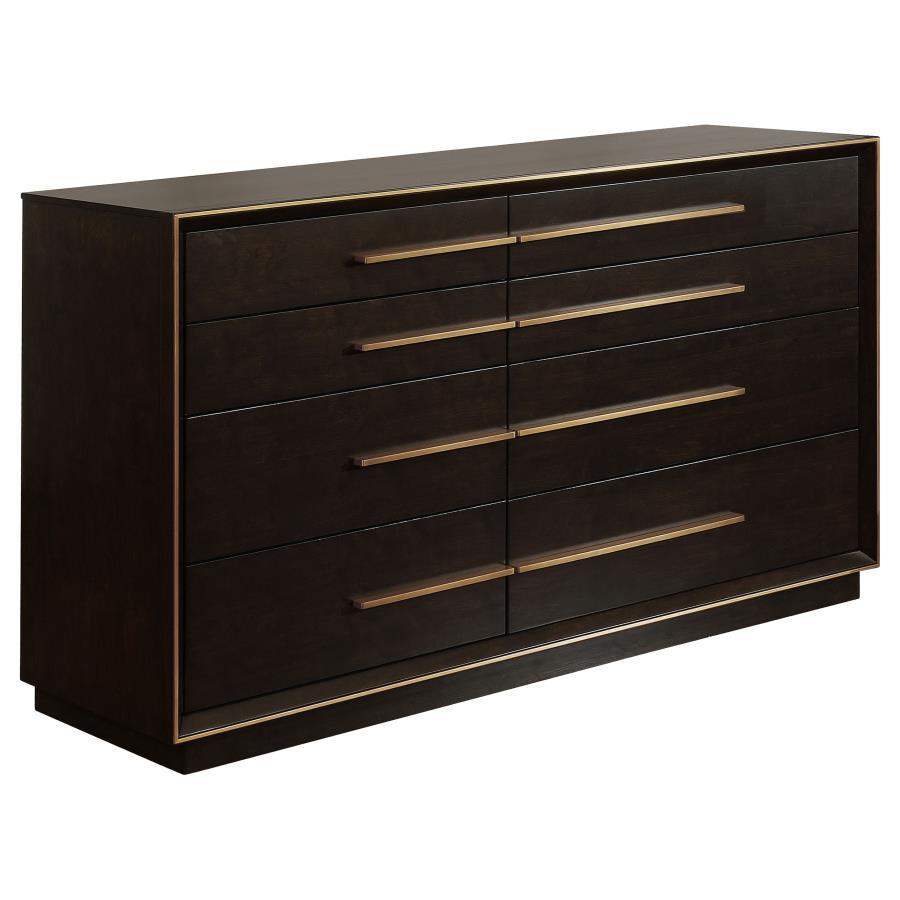 Embrace a retro feel in a modern bedroom with this stunning nine-drawer dresser. Elongated metallic drawer pulls protrude from flat drawer fronts, inspiring a sleek look. In a rich and warm smoke peppercorn finish, the deep hues and interesting silhouette
