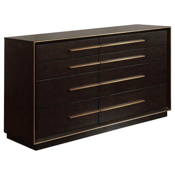 Embrace a retro feel in a modern bedroom with this stunning nine-drawer dresser. Elongated metallic drawer pulls protrude from flat drawer fronts, inspiring a sleek look. In a rich and warm smoke peppercorn finish, the deep hues and interesting silhouette