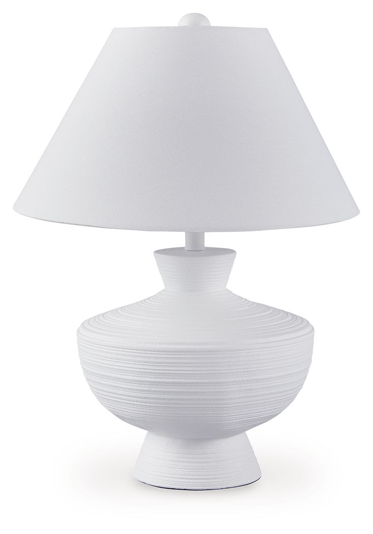Cool, clean and contemporary. This table lamp-'s sculptural base is a forward-thinking approach to fashionable function. Complete with a crisp white finish and horizontal stripe details, the piece is a striking addition to a sofa-side or entryway table.<b
