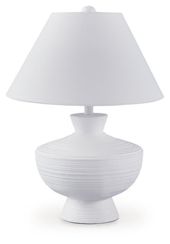 Cool, clean and contemporary. This table lamp-'s sculptural base is a forward-thinking approach to fashionable function. Complete with a crisp white finish and horizontal stripe details, the piece is a striking addition to a sofa-side or entryway table.<b