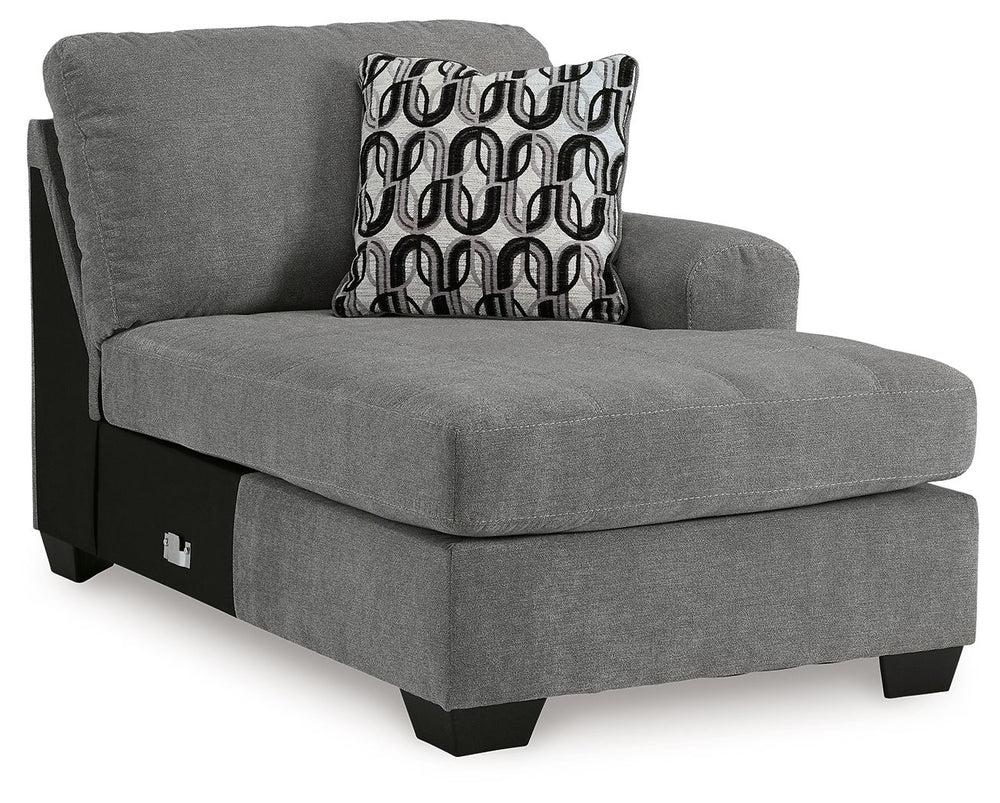 This right-arm facing corner chaise is made with polyester upholstery. Pairs with other items in the series to make a sectional.<br><br><b>Additional Dimensions</b><br><ul><li>Arm height: 26-"</li><li>Seat depth: 44-"</li><li>Seat height: 20-"</li><li>Top