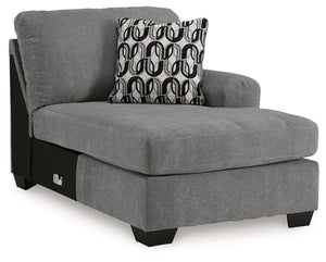 This right-arm facing corner chaise is made with polyester upholstery. Pairs with other items in the series to make a sectional.<br><br><b>Additional Dimensions</b><br><ul><li>Arm height: 26-"</li><li>Seat depth: 44-"</li><li>Seat height: 20-"</li><li>Top