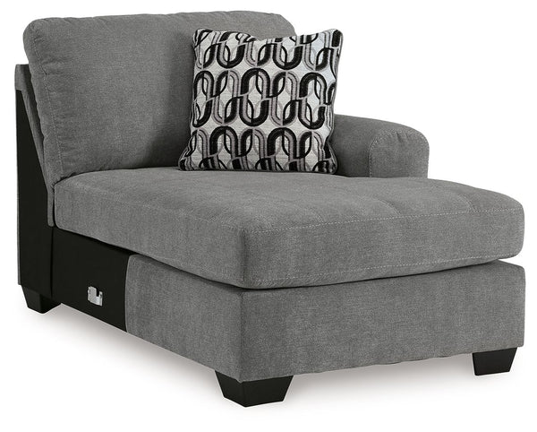 This right-arm facing corner chaise is made with polyester upholstery. Pairs with other items in the series to make a sectional.<br><br><b>Additional Dimensions</b><br><ul><li>Arm height: 26-"</li><li>Seat depth: 44-"</li><li>Seat height: 20-"</li><li>Top