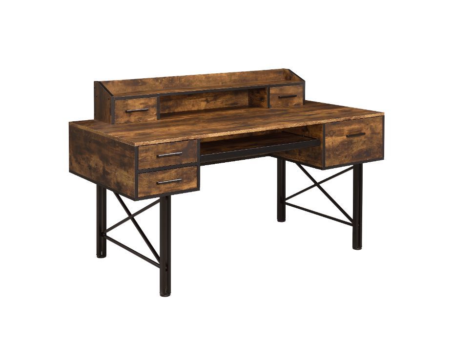 Highlighting a bold, stunning and gorgeous mix, the Safea Desk features rustic casegood paired with a double pedestal metal base for a interesting contrast. Above the desk, there is a low open hutch with two small drawers that allows you place a computer 