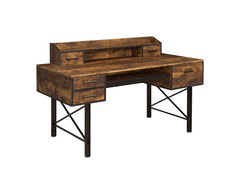 Highlighting a bold, stunning and gorgeous mix, the Safea Desk features rustic casegood paired with a double pedestal metal base for a interesting contrast. Above the desk, there is a low open hutch with two small drawers that allows you place a computer 