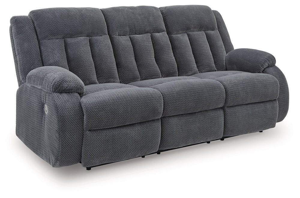 There-'s no need to sacrifice looks for comfortâ€”this power reclining sofa with drop-down table serves up both, plus a richly relaxed sense of style. Its steel-hued velvet upholstery is ultra soft, with a plush waffle weave for an added layer of interest
