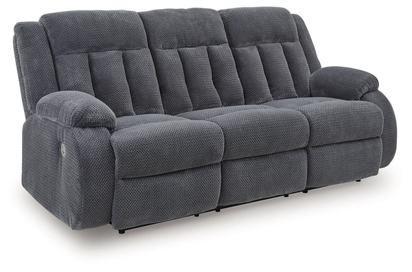 There-'s no need to sacrifice looks for comfortâ€”this power reclining sofa with drop-down table serves up both, plus a richly relaxed sense of style. Its steel-hued velvet upholstery is ultra soft, with a plush waffle weave for an added layer of interest