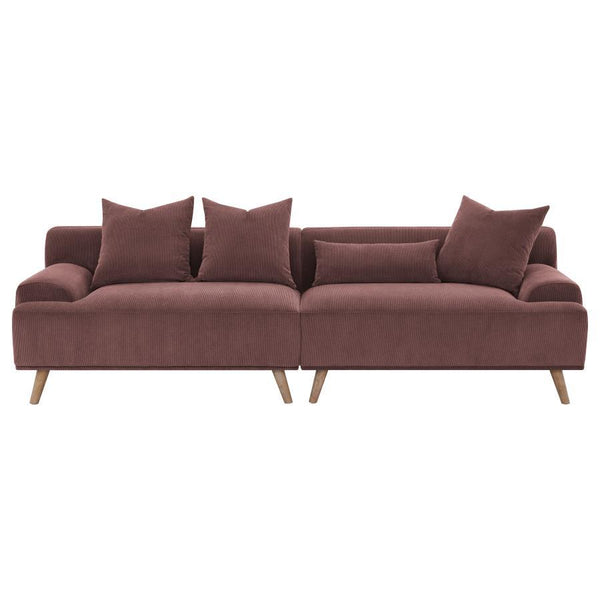  boxy low-profile sectional sofa. Upholstered in a soft wine red thin pinstripe corduroy