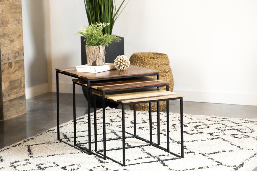 Enhance your space with this three-piece nesting table set, offering both convenience and modern rustic charm. The solid sheesham wood tabletops showcase natural wood grain variations, adding organic warmth and depth to any room. Designed with sleek black