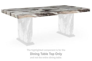 This dining table top is made with solid hardwood, decorative paper laminate and MDF substrate. Pairs with other items in the series to make a dining table.<br><br><b>Additional Dimensions</b><br><ul><li>Assembled table: 0-"</li><li>Apron to floor: 27.38-
