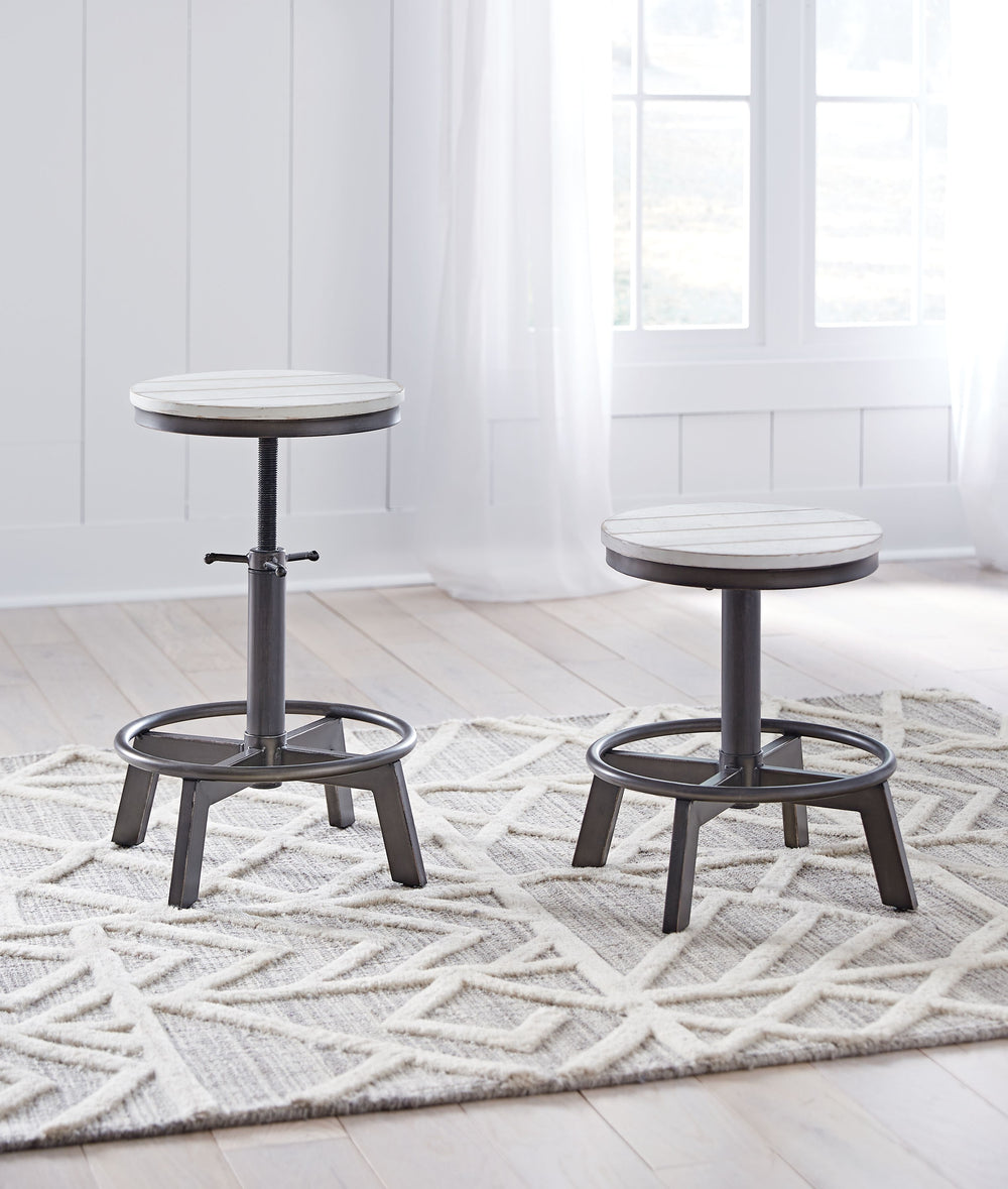 Make your home the hub for cool vibes with this stool. Its two-tone finish scheme of vintage white and aged gunmetal is full of urban industrial swagger. The stool-'s adjustable height is accommodating for you and your guests. Add it behind your sofa with