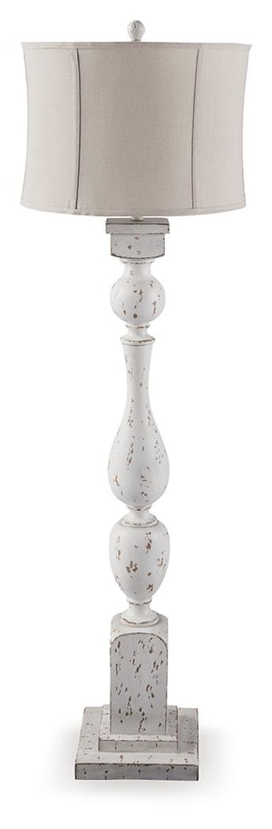 This floor lamp takes a classic approach to tasteful lighting. Its detailed base ushers an air of elegance into your space with a graceful turn design. Outfitted with an antiqued white finish, it-'s right at home in traditional spaces. Pair with the match