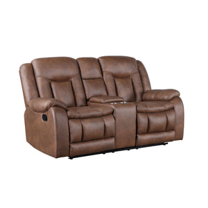 The Morello Dual Recliner Console Loveseat in Brown offers a perfect combination of comfort and style for your living space. Upholstered in sumptuously soft 100% polyester fabric in a saddle brown color, it mimics the luxurious look of leather without the