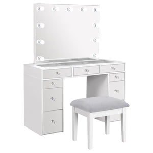 Pull out all the stops to set up a stylish and functional space for your makeup and prep, adding this three-piece white finish vanity set to a modern bedroom. Wood products construction with mirrored drawer fronts and a gray upholstered stool cushion team