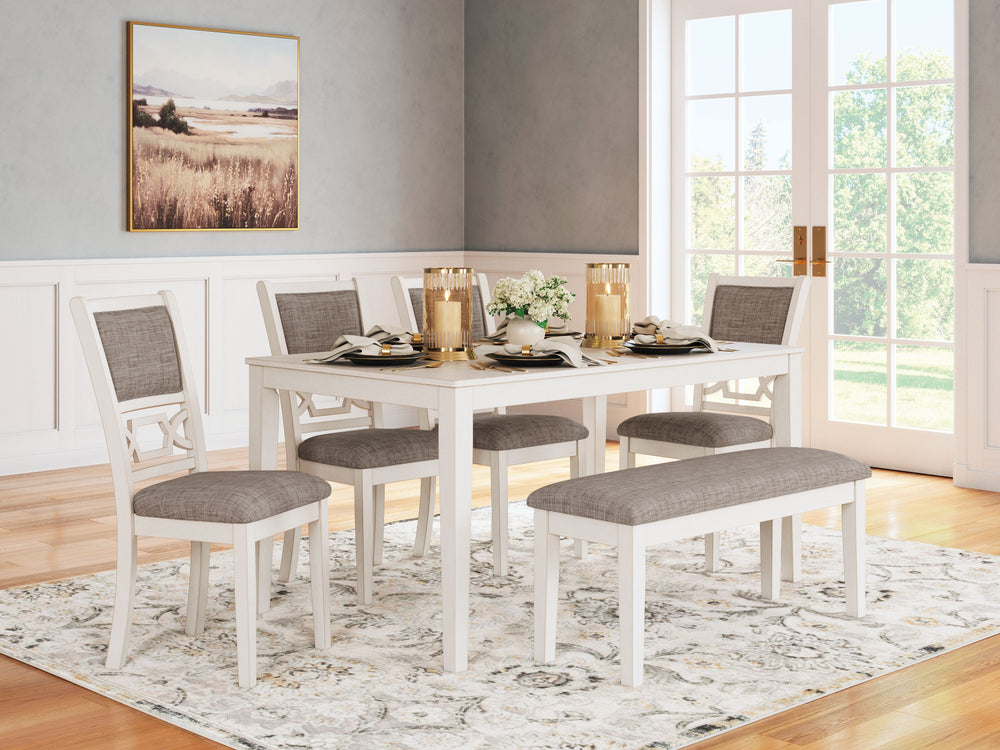Come together for a delightful dining experience. Chic and relaxed, this dining set effortlessly captivates with its elegant simplicity. The timeless design of the table, chairs and bench pairs a crisp white hue with gray textured upholstery. It-'s a fres