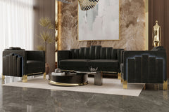 Meet the Empire 3-Piece Living Room Set in sleek black, a luxurious ensemble designed to elevate your home. Comprising a 3 Seat Sofa, 2 Seat Loveseat and Chair, Empire is crafted with frames of eco-friendly manufactured woods, this set ensures lasting str