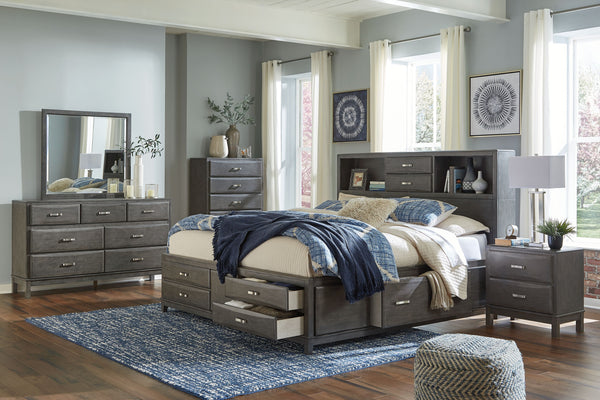Casual contemporary design. Made with select wood solids, veneers and engineered wood. Contoured drawer fronts with pressed veneer face. Dovetail drawer construction with metal center guides. Stylish metal bar pulls. Captain-'s style storage bed features 