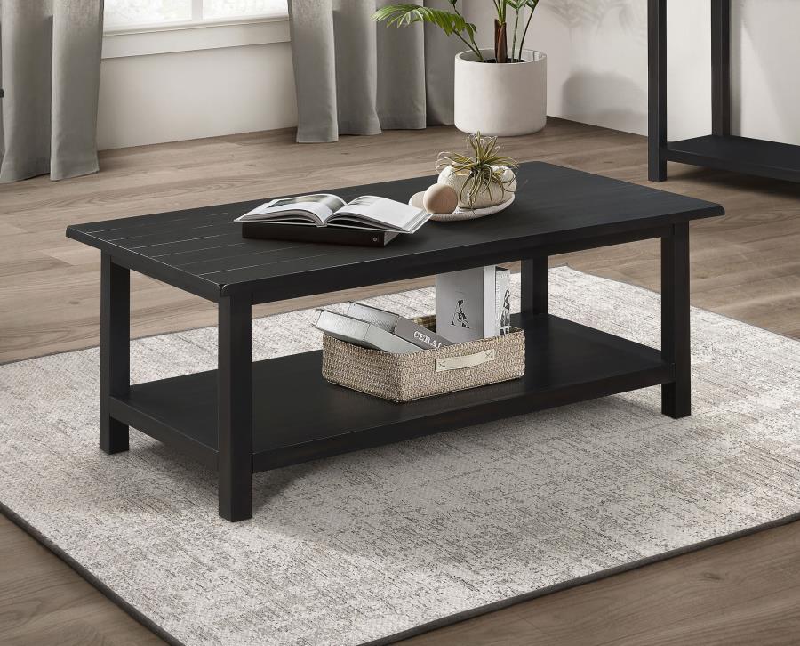 Bring timeless appeal and ample surface space to your living area with this rectangular coffee table. A pine wood and engineered wood construction, enhanced by pine veneer, ensures durability while exuding a warm rustic charm. Its open lower shelf keeps d
