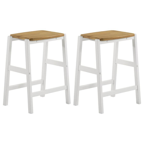 Put the final touches on a welcoming kitchen with a casual modern farmhouse counter stool. Great for a kitchen island, the stool is a backless profile complete with a two-tone look that adds eye-catching appeal. Its flat seat received a natural brown wood