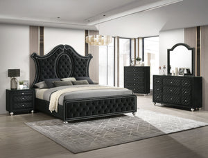 Indulge in timeless elegance and dramatic sophistication with this stunning bedroom collection, designed to make a bold statement. The centerpiece features an exquisitely tufted headboard with luxurious upholstery and intricate nailhead trim, exuding opul