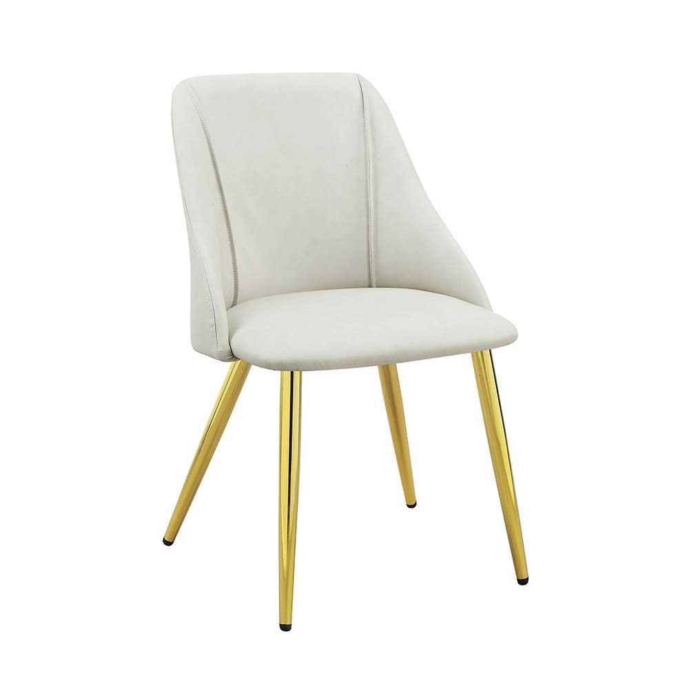 The sleek clean-lined table Gaines dining table offers subtle a hint of glam, the base offers a touch of gold to enhance the textured vertical lined pedestal. The white high gloss finish reflects light and makes any dining space appear larger and grander.