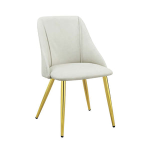 The sleek clean-lined table Gaines dining table offers subtle a hint of glam, the base offers a touch of gold to enhance the textured vertical lined pedestal. The white high gloss finish reflects light and makes any dining space appear larger and grander.