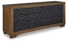 This TV stand is not just furnitureâ€”itâ€™s a work of art. The cabinet door design is nothing short of a masterpiece. Its deep tribal texture and two-tone finish convey an intentional hand-carved feel creating a unique and attractive surface. Boasting an
