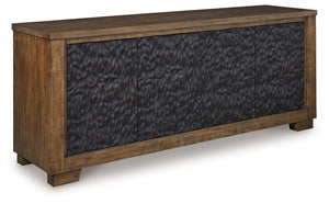 This TV stand is not just furnitureâ€”itâ€™s a work of art. The cabinet door design is nothing short of a masterpiece. Its deep tribal texture and two-tone finish convey an intentional hand-carved feel creating a unique and attractive surface. Boasting an