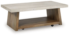This coffee table captures the essence of todayâ€™s casual contemporary style. Its generous faux cement tabletop and double plinth base are a masterclass in modern design, while the spacious shelf is a casually cool spot for displaying decor. Casters let 