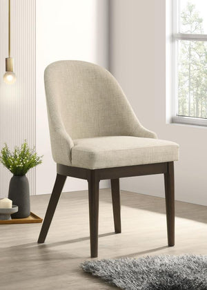  featuring beige fabric upholstery for a cozy and refined touch. The curved backrest and generously padded seat ensure exceptional comfort. Built with a durable Asian hardwood frame in a 