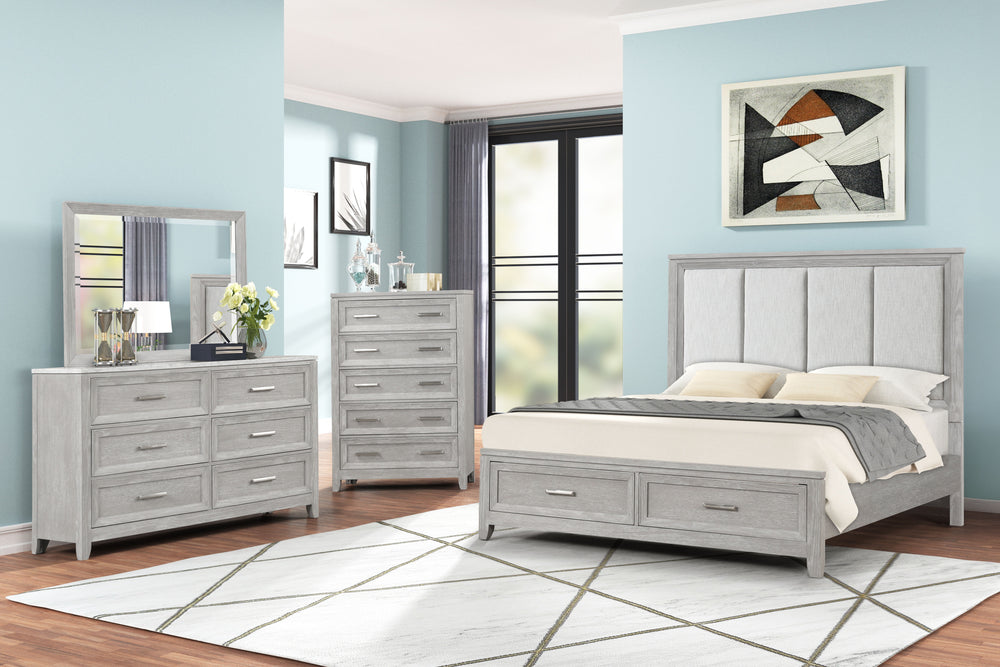 The Fiona 4 Piece Bedroom Set features a storage bed with a plush upholstered headboard, designed for ultimate comfort and convenience. The bed is complemented by a 6-drawer dresser and a 5-drawer chest, all exhibiting a harmonious blend of Acacia solids,