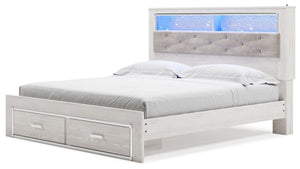  a pearlized finish and button-tufted upholstery bring a glam touch to the richly rustic appearance. Remote-con