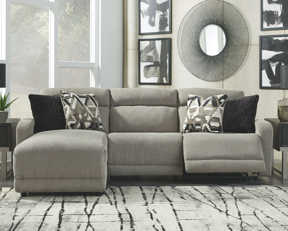 Delightfully modern. Exceptionally comfortable. When it comes to modular furniture with easy-elegant appeal, itâ€™s hard to beat this power reclining sectional. Wrapped in a decadently plush stone-tone fabric for neutral versatility, this chic sectional i