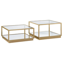 Add this contemporary two-piece occasional table set to your home. Set features both a large and small table that can stand alone or fit beside each other. A rose brass finish frame adds glam and luster to the look. The square table top features crisp, cl
