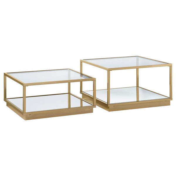 Add this contemporary two-piece occasional table set to your home. Set features both a large and small table that can stand alone or fit beside each other. A rose brass finish frame adds glam and luster to the look. The square table top features crisp, cl