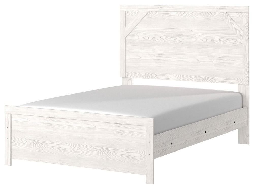 Cool, clean and casually modern. This full panel bedâ€™s wispy whitewash finish sets the tone for your calming sanctuary. Framed elements and cross-brace accents add dimension and authenticity to the bedâ€™s simply stunning profile. <h4><b>Gerridan - Whit