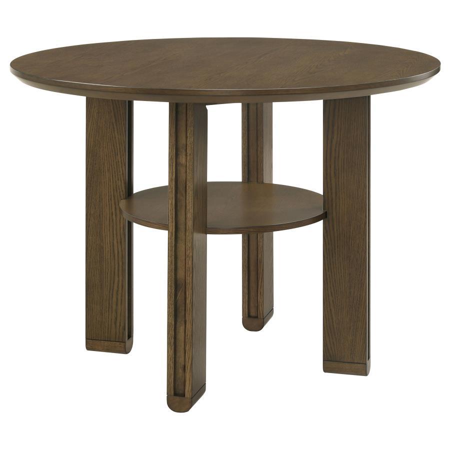 This counter-height dining table brings transitional elegance to casual dining spaces. Crafted from white oak veneer, Asian hardwood, and engineered wood, it features a rich brown finish that adds warmth and sophistication. The table-'s angular legs provi
