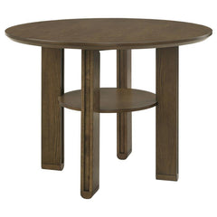 This counter-height dining table brings transitional elegance to casual dining spaces. Crafted from white oak veneer, Asian hardwood, and engineered wood, it features a rich brown finish that adds warmth and sophistication. The table-'s angular legs provi