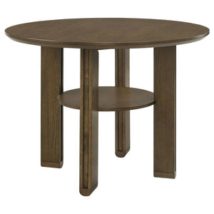 This counter-height dining table brings transitional elegance to casual dining spaces. Crafted from white oak veneer, Asian hardwood, and engineered wood, it features a rich brown finish that adds warmth and sophistication. The table-'s angular legs provi