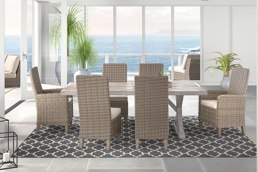For indoor or outdoor use. Cushioned resin wicker dining and modular seating. 4 throw pillows included with LAF/RAF loveseat. 2 throw pillows included with curved corner chair. Dining, cocktail and end tables have porcelain tops. Rust free aluminum frames